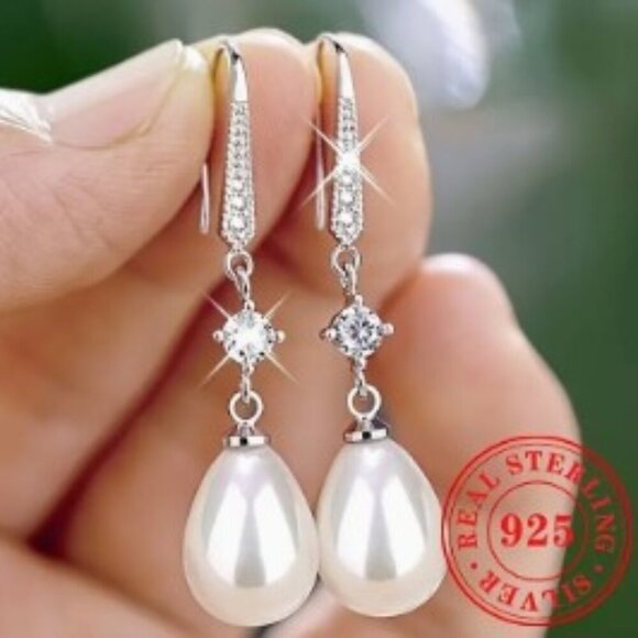 S925 Sterling Silver Dangle Earrings Faux Pearls and Zircon Vintage Style Glam - Picture 2 of 5
